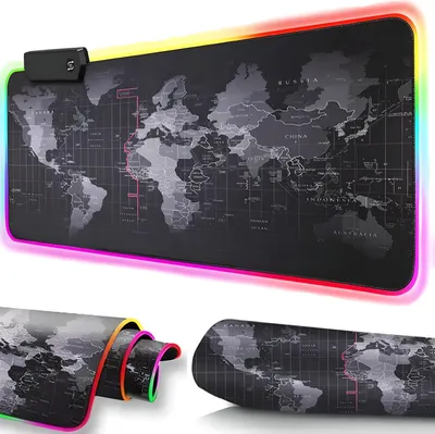 A large RGB gaming mousepad with a world map design and LED lighting.