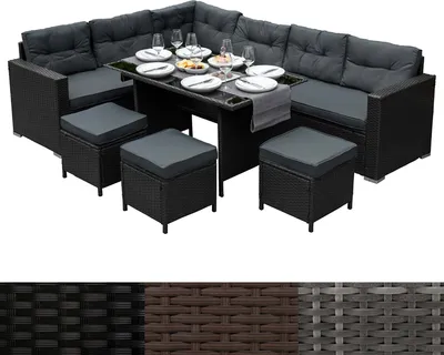Produktbild von Sitzgruppe Lounge Gartenmöbel Sitzecke Rattan Polyrattan Gartengarnitur Schwarz Ecksofa Hocker Tisch mit Glasplatte UV-Schutz Wasserdicht Graue Sitzkissen Rückenkissen Garten Regenshutzhülle