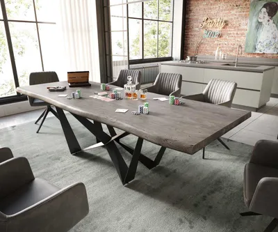 Produktbild von DELIFE Esstisch Edge 260x100 XL Akazie Platin Spider Flachstahl Schwarz Live-Edge