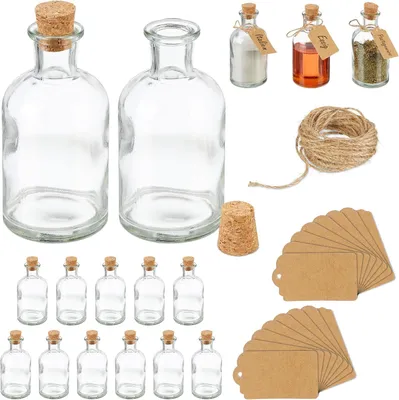 Immagine prodotto di Set di 16 bottigliette di vetro - Barattoli per erbe con tappo di sughero - 125 ml - Barattoli decorativi - Bottiglie per olio - Trasparenti - Stile naturale