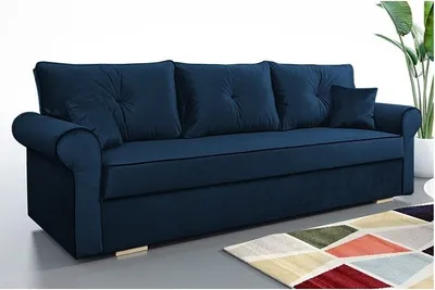 Produktbild von Schlafsofa TOP, Sofa mit Schlaffunktion und Bettkasten, Klappsofa, Schlafcouch mit schwarzen Knöpfen, Couch in Frabe: Blau, Couchgarnitur: Velourstoff