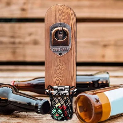 Produktbild von Magnetischer Flaschenöffner mit Netzsammler - Wandmontiertes Holzdesign, ideales Biergeschenk für Männer