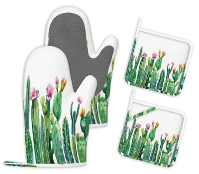 Productafbeelding van Set van 4 ovenwanten en pannenlappen met een cactusmotief, hittebestendig, antislip, siliconen