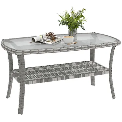 Produktbild von Gartentisch – Couchtisch – Balkontisch – Beistelltisch für draußen – Rechteckiger Rattan-Gartentisch – mit Ablage – 90 x 50 x 45 cm – Grau
