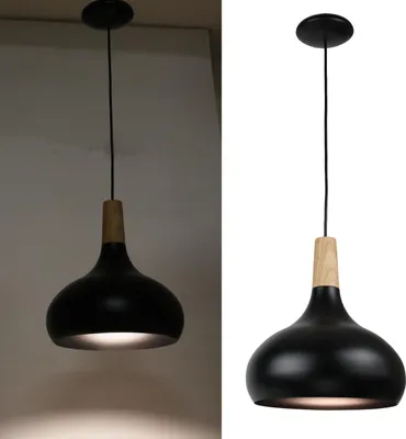 Image de Suspension en métal noir et bois de style nordique pour le salon et la salle à manger E27 Ø26cm