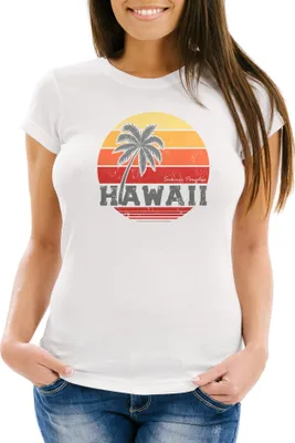 Produktbild von Damen T-Shirt Hawaii Palme Tropical Summer Retro Slim Fit Baumwolle Neverless® weiß XL
