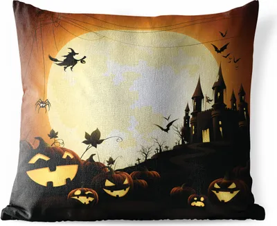 Produktbild von MuchoWow® Outdoor Kissen - Eine Illustration eines Schlosses mit Hexen und Kürbissen zu Halloween - 45x45 cm - Wetterfest - Lounge Kissen - Fotokissen - Dekoratives Kissen