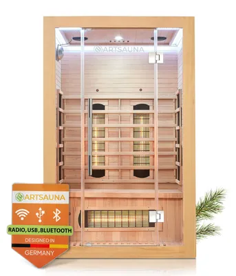Produktbild von Artsauna Infrarotkabine Kiruna120 mit 5 Vollspektrum- & 3 Flächenstrahler, 2 Personen, 120 x 105 x 190 cm, LED Farblicht & Glastür, Infrarotsauna Sauna