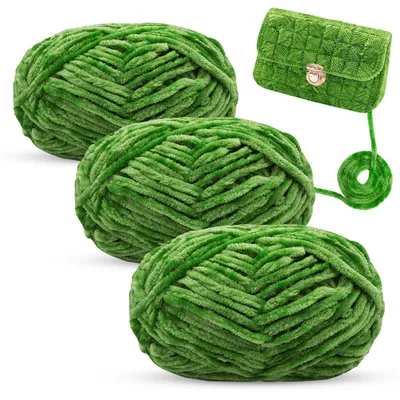 Productafbeelding van Chenille wol voor haken en breien, fluweelgaren, olijgroen, 3 x 100 gram