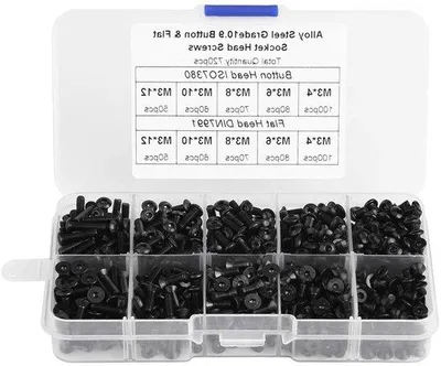 Immagine prodotto di Assortimento di viti in acciaio M3 in scatola di plastica - 720 pezzi - a testa piatta/conica con 5 fori per chiave a Esagono