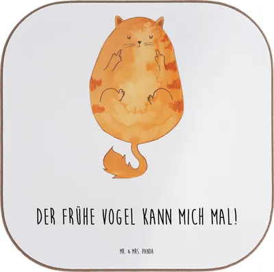 Produktbild von Mr. & Mrs. Panda Tassenuntersetzer Katze Frühaufsteher - Weiß - Geschenk, Verschlafen, Tischuntersetzer, Kaffee, Genervt, Untersetzer für Gläser, Mittelfinger, Coaster