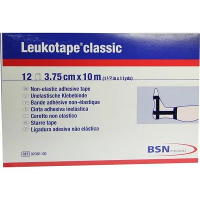 Produktbild von Leukotape Classic, unelastische Klebebinde, 3,75 cm, schwarz, 10 m | Packung (12 Rollen)