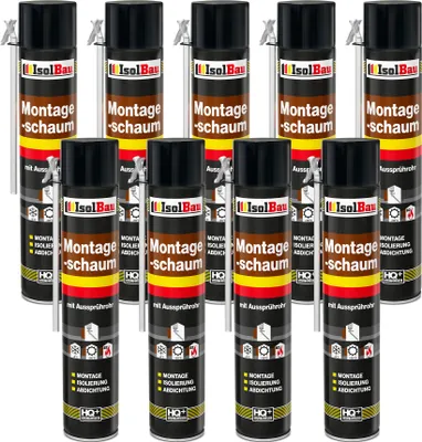 Produktbild von Isolbau 9 x 750 ml Montageschaum mit Aussprührohr - PolyurethanBauschaum für Montage, Isolierung, Abdichtung, Innen & außen