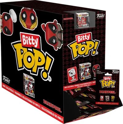 A display box of Funko Bitty Pop! vinyl collectibles featuring Deadpool.