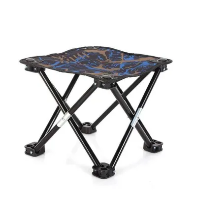 A small, foldable stool with a camouflage pattern.