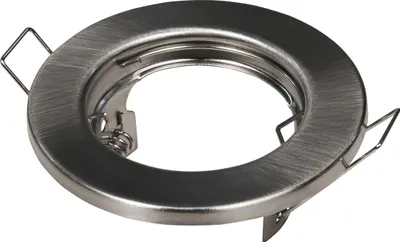 A close-up studio shot of a single silver recessed light trim ring with spring clips.