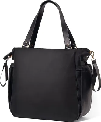 A black diaper bag is shown against a white background.