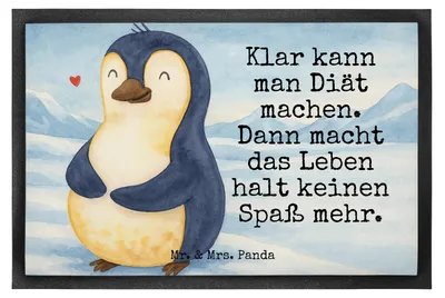 Produktbild von Mr. & Mrs. Panda Bodenvorleger Pinguin Diät Design 60 x 90 cm - Weiß - Geschenk, Gewicht, Selbstliebe, fußmatte, Schmutzmatte, Abnehmen, Fussmatte, Schmutzfangmatte