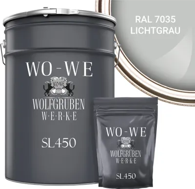 A gray paint can and a smaller pouch are shown next to a circular swatch of light gray paint with text.