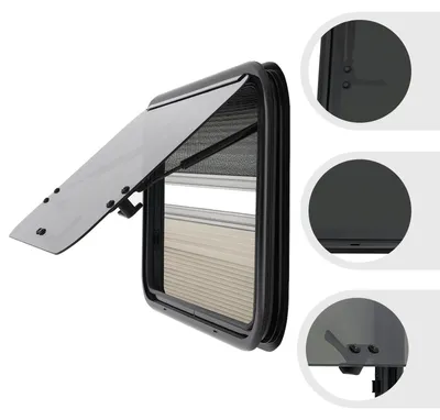 Image de Fenêtre pour camping-car/caravane 700×450 mm - Fenêtre à battant - Coins arrondis - Moustiquaire - Angle d'ouverture 85° - Pour une épaisseur de paroi de 30 à 40 mm - Noir
