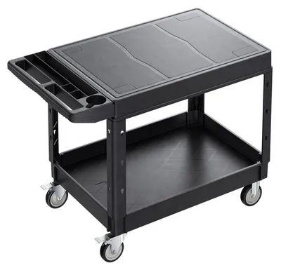 Produktbild von Gerätewagen 250 kg, Werkzeugwagen Kunststoff 2-stöckig, Mehrzweckwagen mit 360°-Rollen, Schwarz | 118 x 65 x 86,5 cm | 4 Lenkrollen (2 Bremse)
