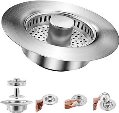 Immagine prodotto di Tappo di scarico e filtro per lavello da cucina, filtro di scarico a scomparsa 3 in 1 in acciaio inossidabile, dispositivi di protezione per lavello da cucina, foro lavello 75-86 mm, per profondità > 40 mm