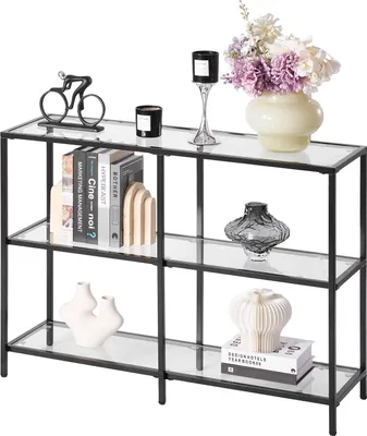 Zdjęcie produktu dla Stolik konsolowy – stolik przedpokojowy/stolik pomocniczy z 3 półkami – 100 x 30 x 72,9 cm – blat ze szkła hartowanego – nośność 30 kg – zabezpieczenie przed przewróceniem – do salonu i przedpokoju – czarny