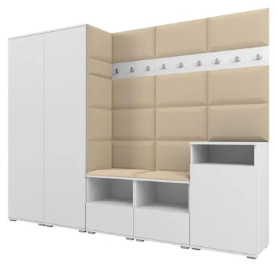 Produktbild von Garderobe NELA VIII 250 cm Modulare Flurmöbel Weiß mit Sitzpolster Beige 04 (2 Schränke + Sideboard)