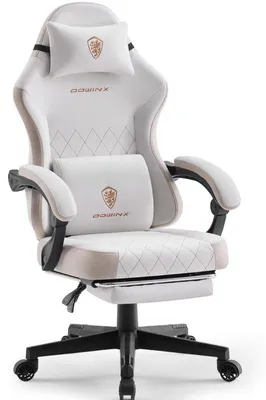 Image de Fauteuil de gaming avec repose-pieds, ergonomique, coussin à ressorts ensachés et support lombaire massant, dossier haut, revêtement en tissu beige
