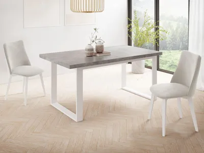 Produktbild von Rechteckiger Loft Esstisch Für Wohnzimmer - Loft Stil Industriell Esstisch Mit Weißen Metallfüßen - Ausziehbarer von 140 cm bis 180 cm - EU - Grauer Beton