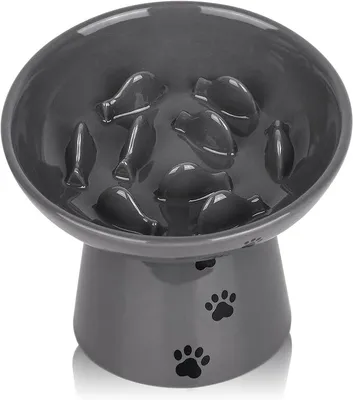 Produktbild von Y YHY 15,24 cm Katze Slow Feeder Keramik erhöht Hund Katze Schüssel, grau