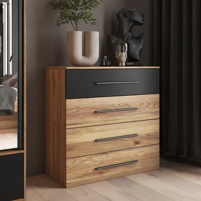 Produktbild von Masseno Kommode BETTINA 91 cm Sideboard mit 4 Schubladen für Wohnzimmer Schlafzimmer Modern 91x40x92 cm Eichefarben / Eichefarben