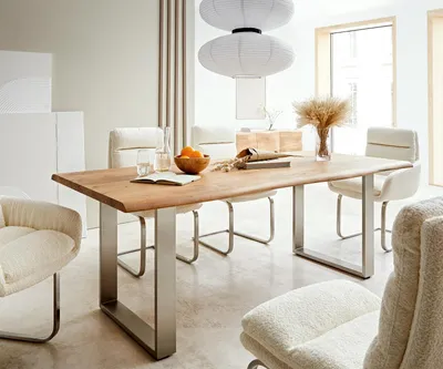 Produktbild von DELIFE Esstisch Edge 200x100 Akazie Natur Edelstahl Schmal Live-Edge