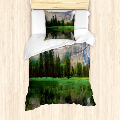Produktbild von ABAKUHAUS Yosemite Mantele, Yosemite-Baum, Milbensicher Allergiker geeignet mit Kissenbezügen, 135 cm x 200 cm - 80 x 80 cm, beige Grün