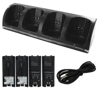 Produktbild von Wii-Fernbedienungsladeger?t, 4-in-1-Ladestation mit 4 wiederaufladbaren 2800-mAh-Akkus fš¹r Wii/Wii U-Controller šC Schwarz