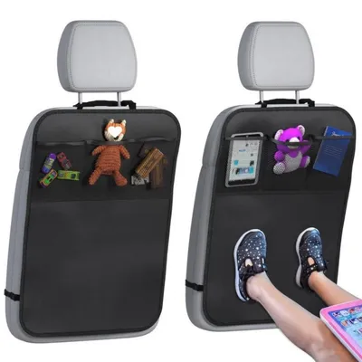 Produktbild von INF Rücksitz-Kick-Matte mit 3 Taschen – Universeller Polyester-Autositzschutz für Kinder und Haustiere Schwarz