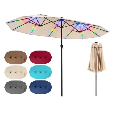 Obrázek produktu pro COSTWAY, dvojitý slunečník, 440x260 cm, terasový slunečník s ruční klikou, LED solární osvětlení, 12 světelných režimů a 2 možnosti nabíjení, zahradní slunečník, barva: béžová