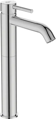 A chrome-finished faucet with an extended base, shown against a white background.