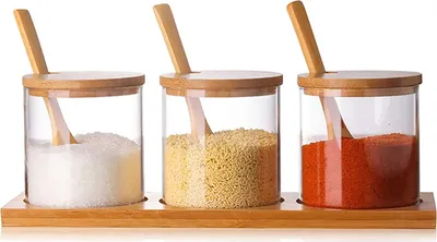 Obrázek produktu pro Sada kořenek sestávající ze skleněných dóz s dřevěnou lžící, víkem a dnem