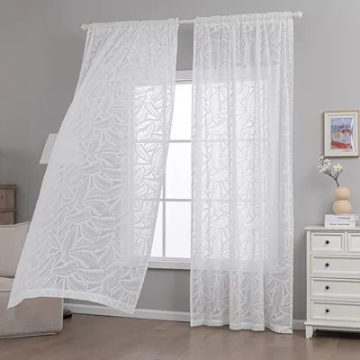 Produktbild von 132x241cm Voile Gardinen 2 Stück，Gardinen Weiss Transparent Jacquard 3D-Blättern，Spitze Vorhänge Multifunktionsband für Wohnzimmer Schlafzimmer Dekor，Weiß