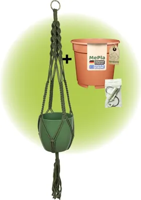 Produktbild von MePla - Set - Ampel Makramee Naturgrün - Basel ø16 Moosgrün + Kulturtopf ø15 + Beipack-Set 21550-001