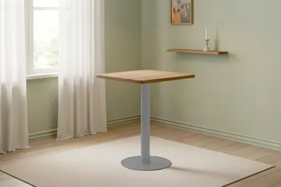 Produktbild von Bistrotisch Emile | 70 x 70 cm rund | Akazienholz massiv | Farbe: Natur | runde Kante | silbernes Säulengestell aus Metall | Säulentisch/Esstisch für Küche, Café & Essbereich