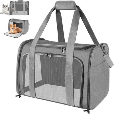 Produktbild von Transporttas für Katze und Hund, 45x30x30 cm, atmungsaktiv und zusammenklappbar, ideale Transportbox für Autofahrten, Transporttasche für mittelgroße Katzen