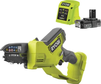A Ryobi electric pruning saw with a battery and charger are displayed against a white background.