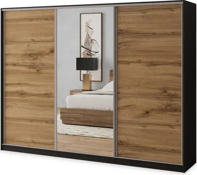 Immagine prodotto di Armadio scorrevole Masseno SORE 250/205/58 cm Armadio con 4 cassetti Armadio per camera da letto a 3 ante con specchio Nero / Rovere Wotan