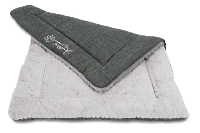 A folded pet blanket with a dark gray quilted top and a light gray fluffy underside.