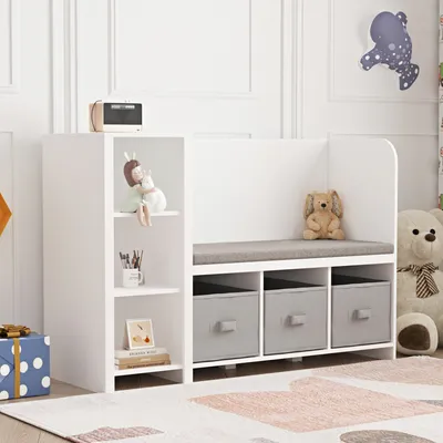 Produktbild von Kinderregal mit Sitzbank 'Høylandet' mit Kissen 76 x 112 x 40 cm Weiß / Grau