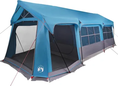 A blue and gray family tent is shown against a white background.