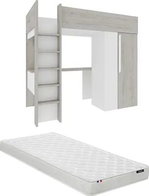 Produktbild von Zwischengeschossbett 90 x 200 cm mit Kleiderschrank und Schreibtisch - Naturgrau und Weiß + Matratze - NICOLAS