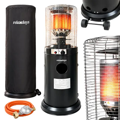 Obrázok produktu pre Relaxdays, plynový ohrievač, vonkajšie použitie, ohrievač na terasu, 11 kW, vrátane ochranného krytu, rozmery: 136 x 46 cm, stojanový ohrievač, oceľ, čierna farba, Obrázok generovaný UI